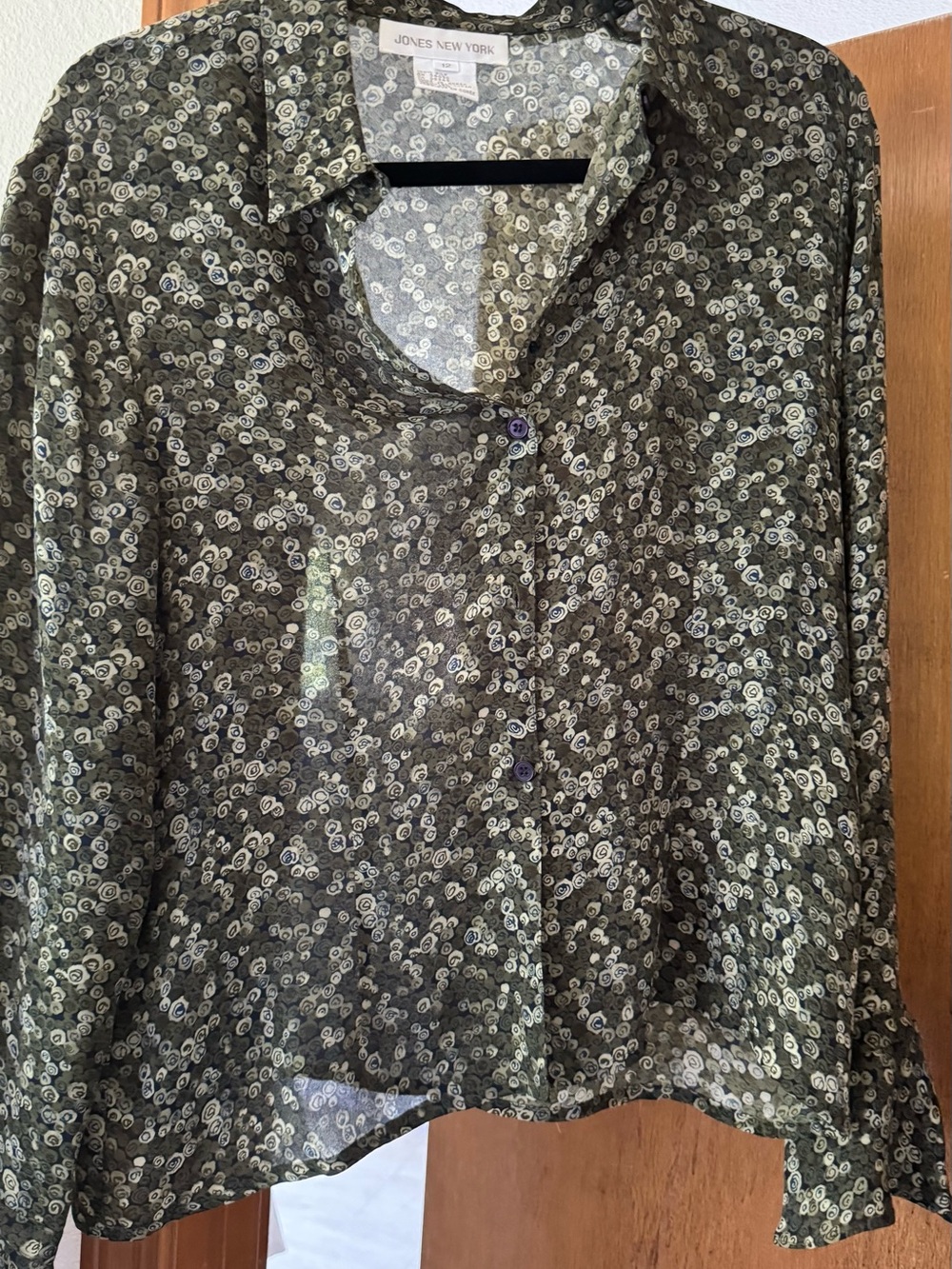 Jones New York Silk Dark Green and Beige Sheer Tiny Floral Button-Down Blouse